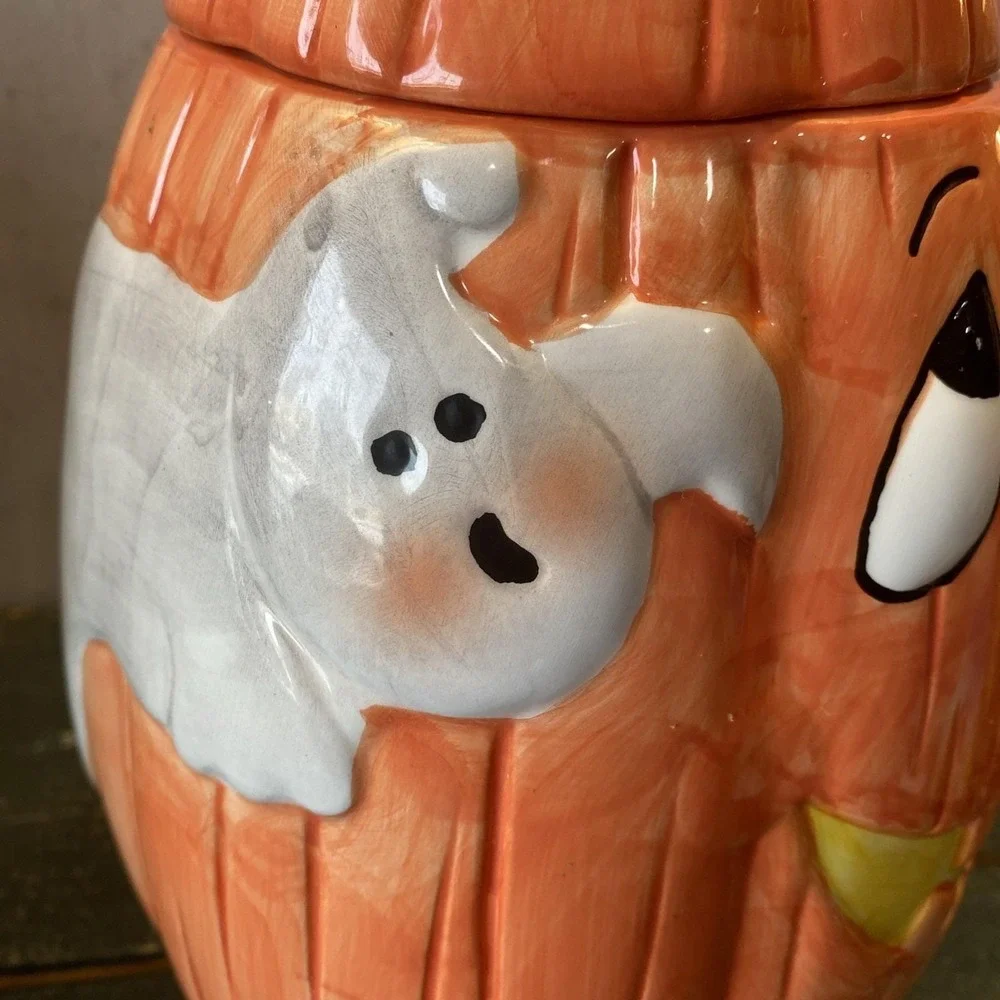 Vintage‎ 90s Ceramic Cookie Jar Halloween Tall Pumpkin Black Cat Ghost Canister